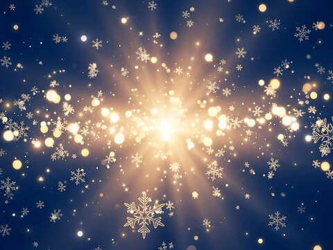 Abstract golden light burst with falling snowflakes on dark blue background - Powered by Adobe