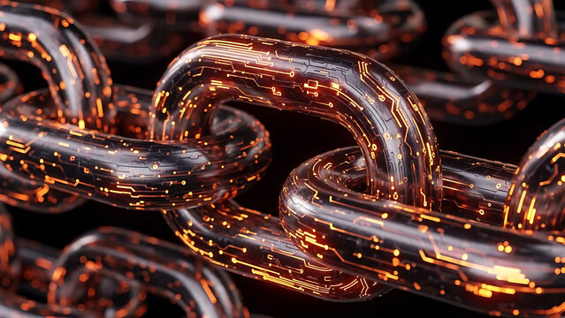 Closeup of glowing digital blockchain chain links with circuit patterns