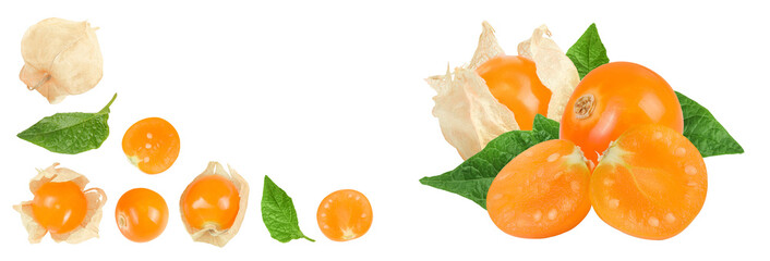 Cape gooseberry or physalis isolated on white background with full depth of field. Top view. Flat...