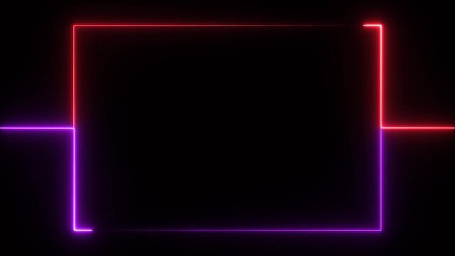 live streaming neon text frame animation. Neon glowing red and purple color square rectangle picture frame icon animation border frame shape rotating display screen. on a black background