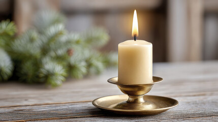Warm candlelight with flickering taper candle in brass holder on rustic wooden table for cozy decor