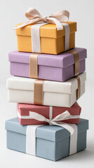 Colorful stack of gift boxes with ribbon and coupon for celebrations or special occasions