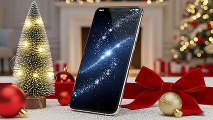 Smartphone with festive starry display amidst christmas decorations
