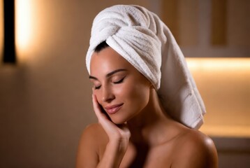 A woman smiles while holding her face with one hand. She is in a spa with soft lighting. The towel is wrapped around her head after a skincare routine