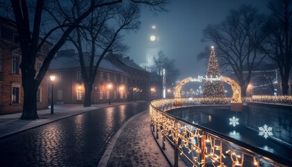 Charming winter street scene glows with warm Christmas lights, illuminating a festive tree, an archway, and a railing adorned with string lights beside a canal, shrouded in a magical fog
