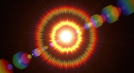 Obraz premium A Brilliant Lens Flare Illuminates a Dark Background with Radiant Energy and Vibrant Colors