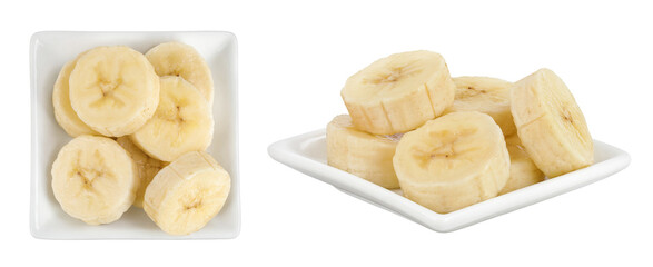 peeled banana pieces in ceramic bowl isolated on white background. Top view. Flat lay.