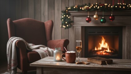 Cozy wooden coffee table holds a mug of hot chocolate, a sparkling drink, and a lit candle, set in a warm festive room with a roaring fireplace and armchair