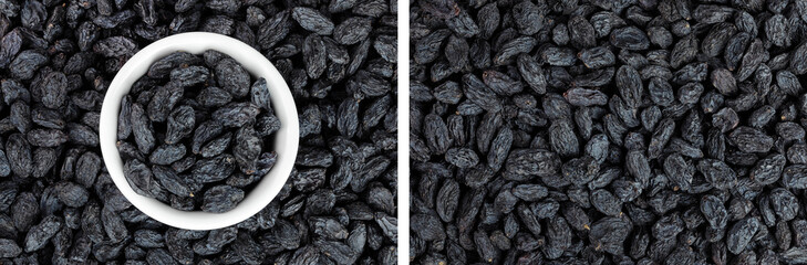 black raisins as a background. Top view. Flat lay