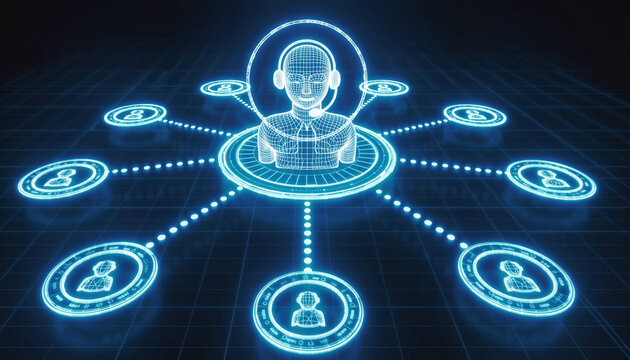 Digital Support Network: A striking graphic illustrates the concept of customer support, with a central figure representing an agent, interconnected with a network of customers.