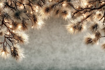 Frosty pine cone branches with warm fairy lights create a beautiful festive border against a soft gray background