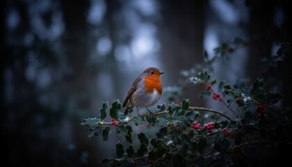 Small European robin bird with a bright orange breast perches gracefully on a frosty holly branch adorned with vibrant red berries, set against a dark, blurred winter background