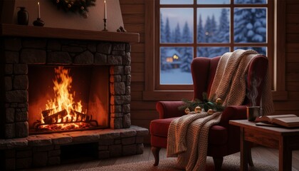 Fototapeta premium Cozy rustic stone fireplace and armchair create a warm, inviting atmosphere in a wooden cabin, with a snowy winter forest visible through the window