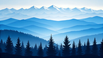 Stylized blue mountain layers at dawn with snow-capped peaks