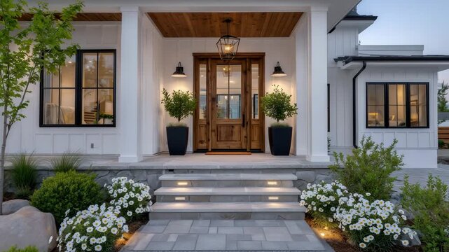 68Elegant modern farmhouse fa&ccedil;ade with cool gray horizontal siding, rustic wooden door framed by matte black sconces, overhead pendant light casting a welcoming glow on the entry ste