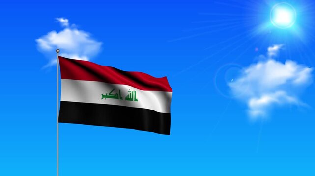 Realistic Standing Vertical IRAQ Wavy Flag on Metallic Pole with Loop Animation
