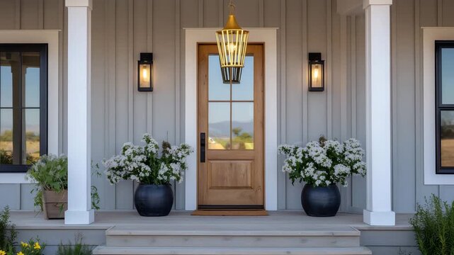 72Cozy farmhouse exterior in modern style, featuring muted gray board-and-batten siding, solid wooden door, symmetrical black sconces, and a golden pendant lantern hanging from the p