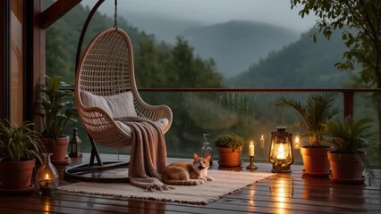 A cozy terrace with a hanging chair, candles, a cat, and mountain views exudes relaxation, tourism, travel, and vacation.