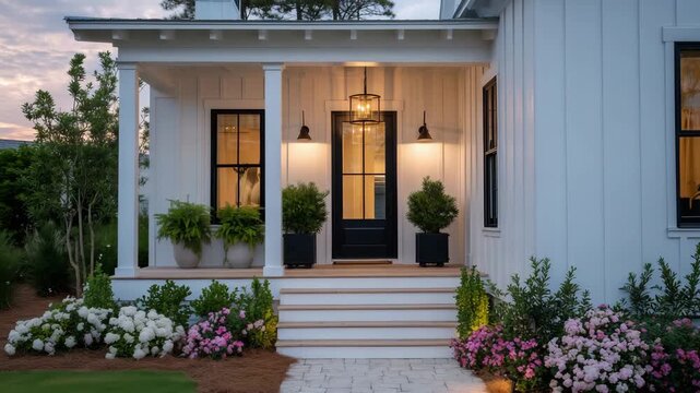 76Serene entryway of a modern gray farmhouse, wooden front door centered between matte black sconces, soft light from a hanging fixture casting warmth on the porch steps
