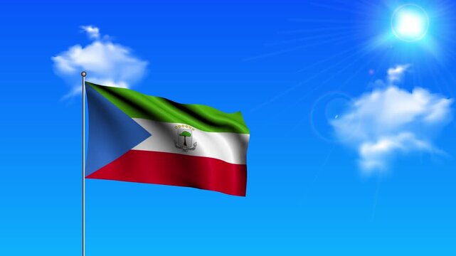 Realistic Standing Vertical EQUATORIAL GUINEA Wavy Flag on Metallic Pole with Loop Animation