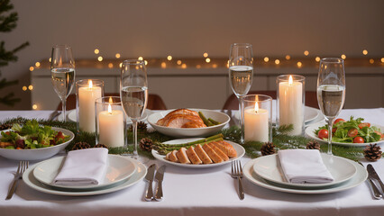 Christmas table with appetizers, candles and wine glasses with festive mood family celebration and holiday dinner against cozy home interior background