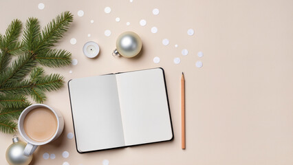 Composition  with notebook, fir branch, silver baubles and cup of coffee in cozy flat lay style, warm neutral colors, New Year planning and fresh start concept with copy space