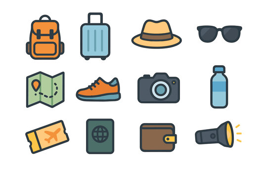 Hat camera passport wallet icon sunglasses vector map travel flashlight gear icons