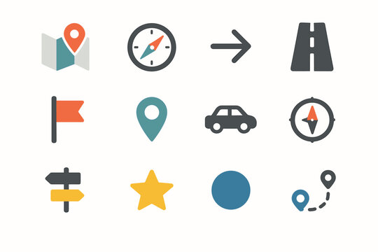 Icon circle pin direction arrow minimal flag car line signpost windrose vector