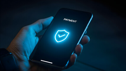 Close up of hand holding smartphone displaying glowing blue security shield icon and payment text for encrypted mobile transaction