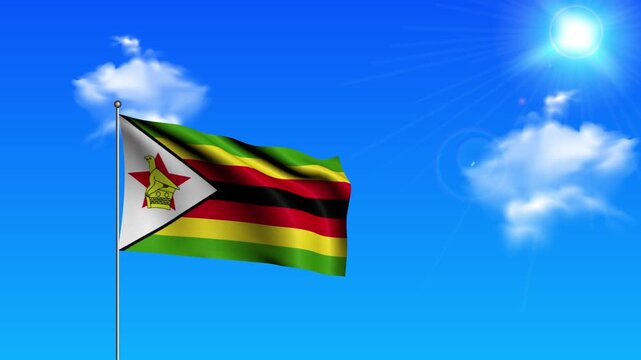 Realistic Standing Vertical ZIMBABWE Wavy Flag on Metallic Pole with Loop Animation