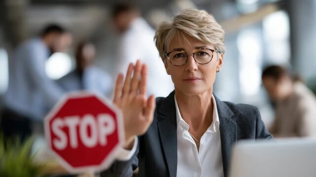 122Professional woman in formal attire sitting at office desk, showing stop sign with hand, weary eyes, blurred background of coworkers symbolizing workplace pressure and stress aware