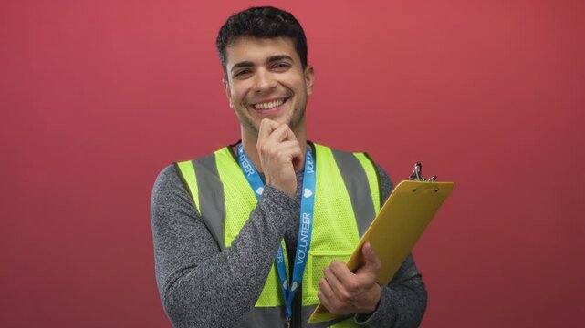 Man touches chin and seems to think against background colored wall while young hispanic volunteer grips clipboard beside guy.