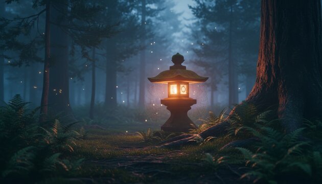 Ancient stone lantern with warm glowing light illuminates a mystical forest path, surrounded by ferns and tall trees under a hazy, ethereal atmosphere with sparkling fireflies - Powered by Adobe