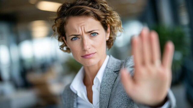 130Close-up of female professional making stop gesture, office blurred in background, tired eyes yet assertive expression, symbolizing stress management and mental boundaries