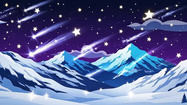 Nocturnal blue hues spread through a vector illustration animation of snowy mountains accented with  191