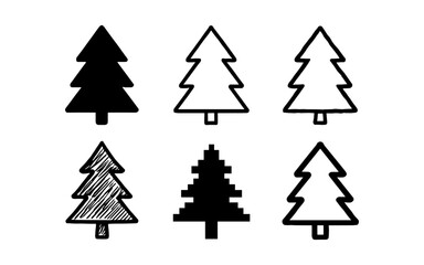 Fototapeta premium Assorted pine tree silhouettes and outlines in various styles