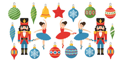 Nutcracker holiday ballet illustration, ballerinas toy soldiers ornaments, festive Christmas decor scene, vibrant celebration art, flat vector illustration