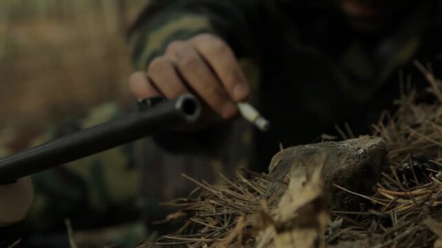 Close-up of camouflaged soldier placing lit cigarette on rock next to rifle barrel. He leaves it smoking on the stone to grip his weapon with both hands.