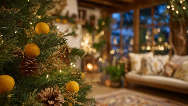 145Intimate winter home scene, Christmas tree decorated with dried orange garlands, cinnamon, pinecones, and golden lights, firelight reflections enhancing rustic atmosphere