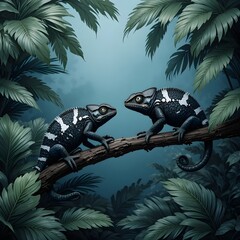 Elegant Black & White Chameleons Amid Tropical Foliage on Soft Blue Background