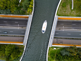 Drone view of the famous aquaduct near Harderwijk, The Netherlands