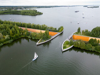 Drone view of the famous aquaduct near Harderwijk, The Netherlands