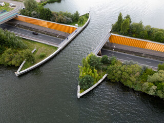 Drone view of the famous aquaduct near Harderwijk, The Netherlands