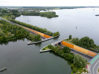 Drone view of the famous aquaduct near Harderwijk, The Netherlands