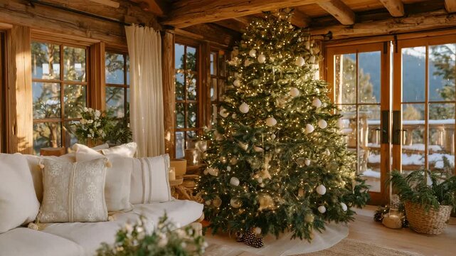 154Soft glowing room with natural Christmas tree, decorated using dried citrus, pinecones, and cinnamon, sustainable zero-waste holiday design creating warmth and simplicity
