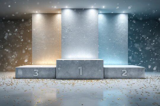 Modern podium for 1st, 2nd and 3rd place illuminated by cool white and icy blue lights