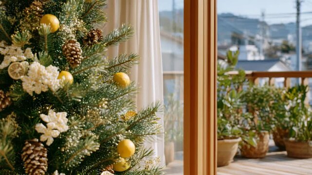 155Soft glowing room with natural Christmas tree, decorated using dried citrus, pinecones, and cinnamon, sustainable zero-waste holiday design creating warmth and simplicity