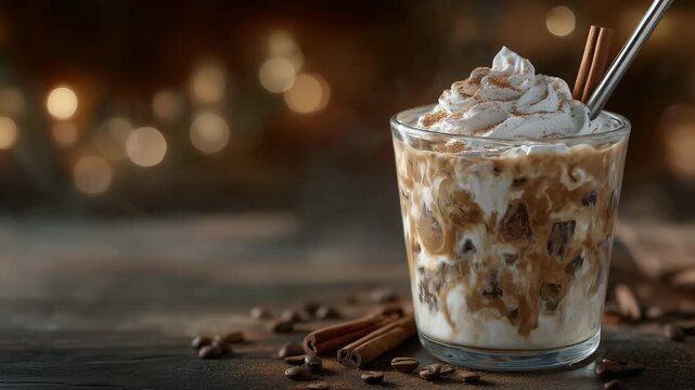 157Iced pumpkin spice latte captured mid-pour with creamy splash, cinnamon stick and metal straw in glass, floating spice dust, cozy fall tones and warm cinematic lighting