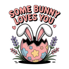 Easter bunny ears emerging from cracked egg with flowers isolated on a transparent background