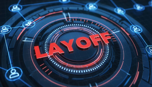Economic Downturn:  A digitally enhanced image presenting the ominous word layoff amidst a web of connected icons.